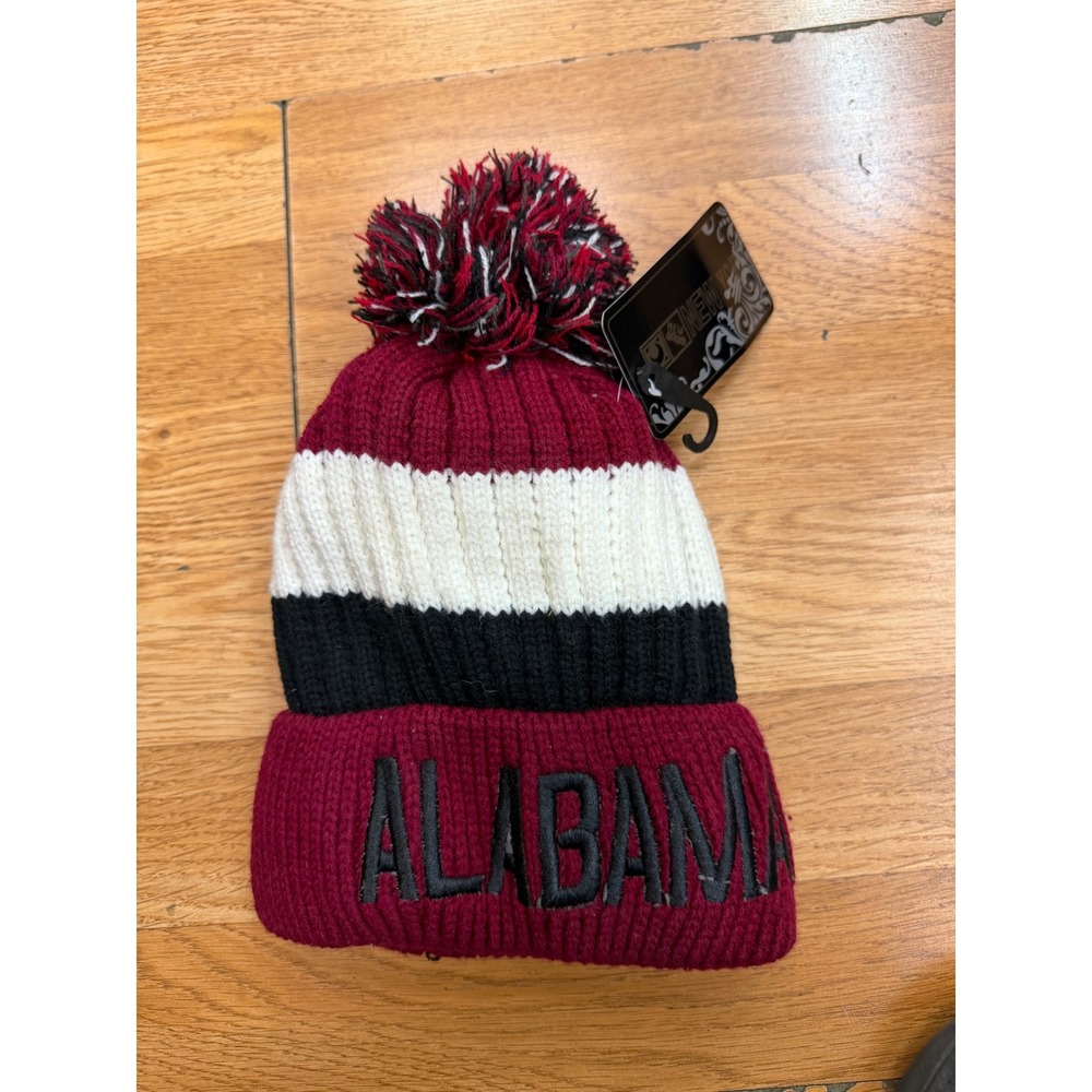 Alabama Crimson Tide Knit Beanie Maroon White Black Striped Fleece Lined Pom Hat